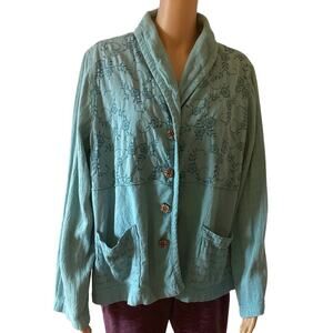 Vintage Cotton USA by George Hagopian collard neckline cardigan L blue